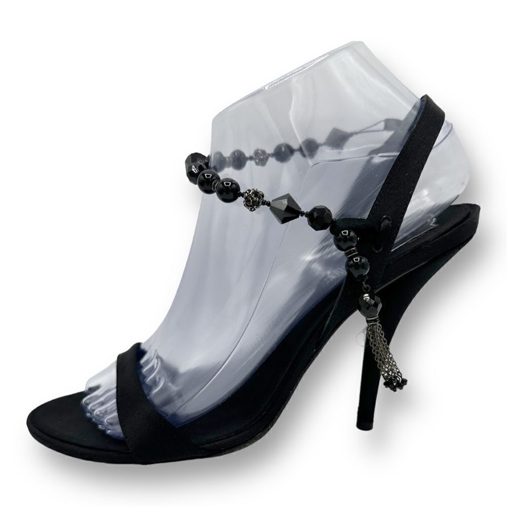 Roger Vivier Black Silk Stiletto Evening Sandals‎ with Beaded Ankle Strap 38/7.5